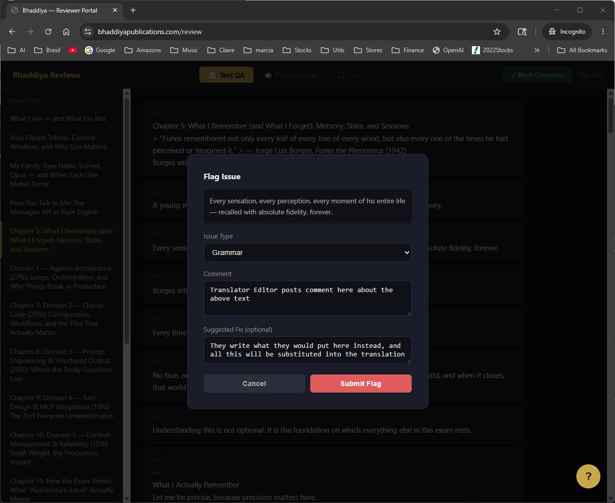 Bhaddiya Review Portal — Flag Issue dialog with issue type selector and suggested fix