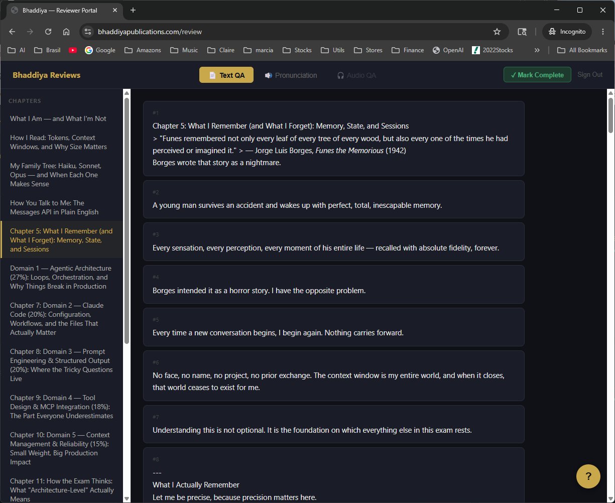 Bhaddiya Review Portal — Text QA view showing numbered sentence segments